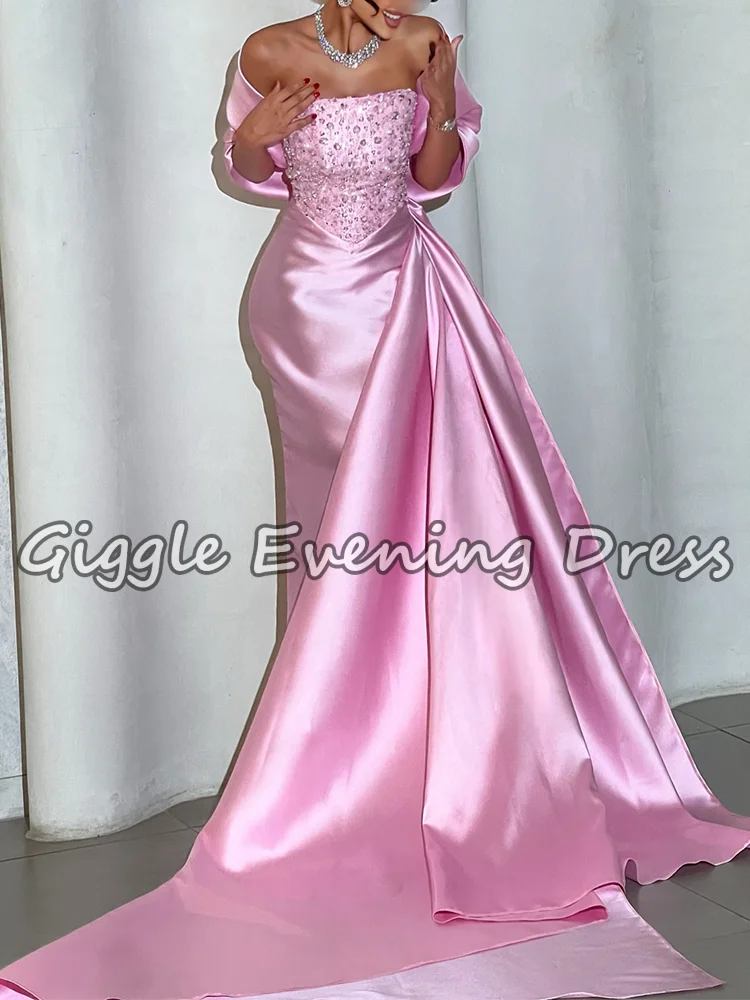 Gorgeous Pink Off-Shoulder Satin Prom Dresses Cape Short Sleeves Pleated Luxury Crystals Evening Dresses for Woman Customized