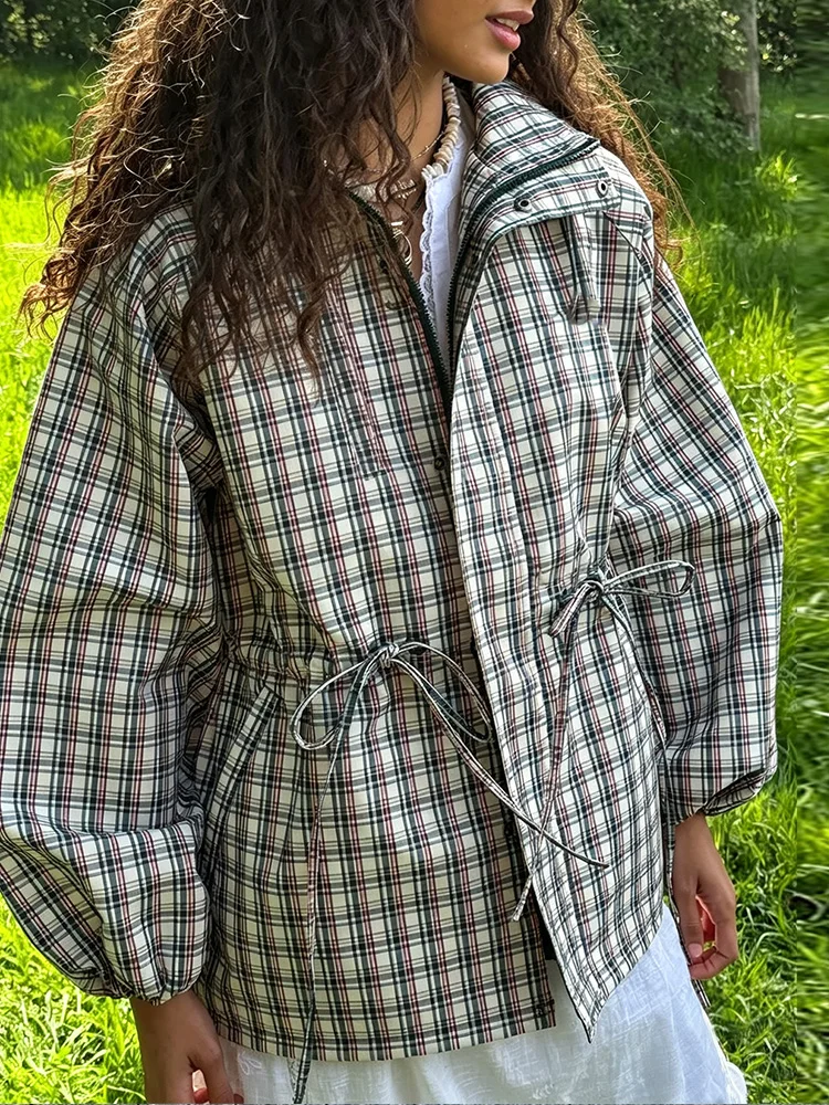 Lace Up Hooded Plaid Women Coat Single Breasted Long Sleeve Zippers Loose Fashion Spring Autumn Casual Female Jacket 2026