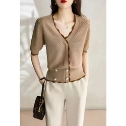 Fashion Summer T-Shirts Women Solid Ice Silk V-Neck Button Screw Thread Ruffles Temperamen Short Sleeve Pullovers Knitted Tops