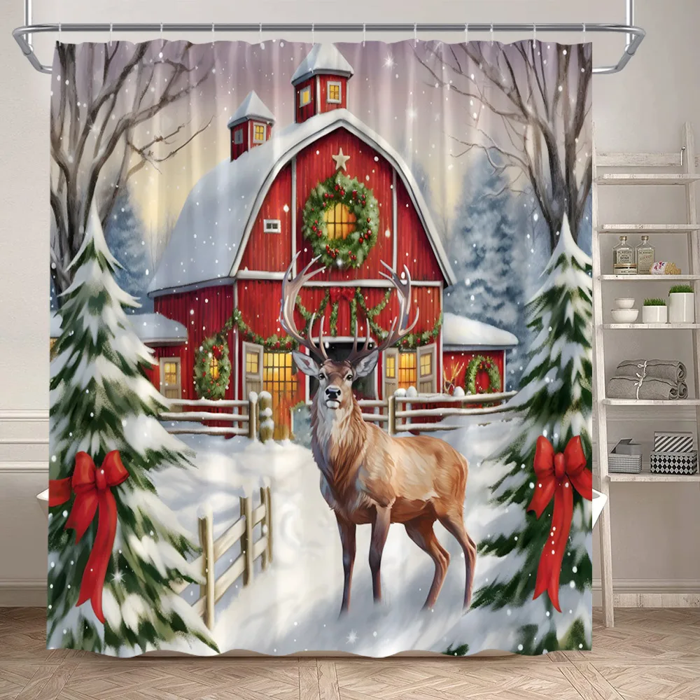 Winter Christmas Shower Curtain Forest Farmhouse Elk Cedar Snowy Scene Xmas New Year Wall Hanging Bathroom Decor Cloth Curtains