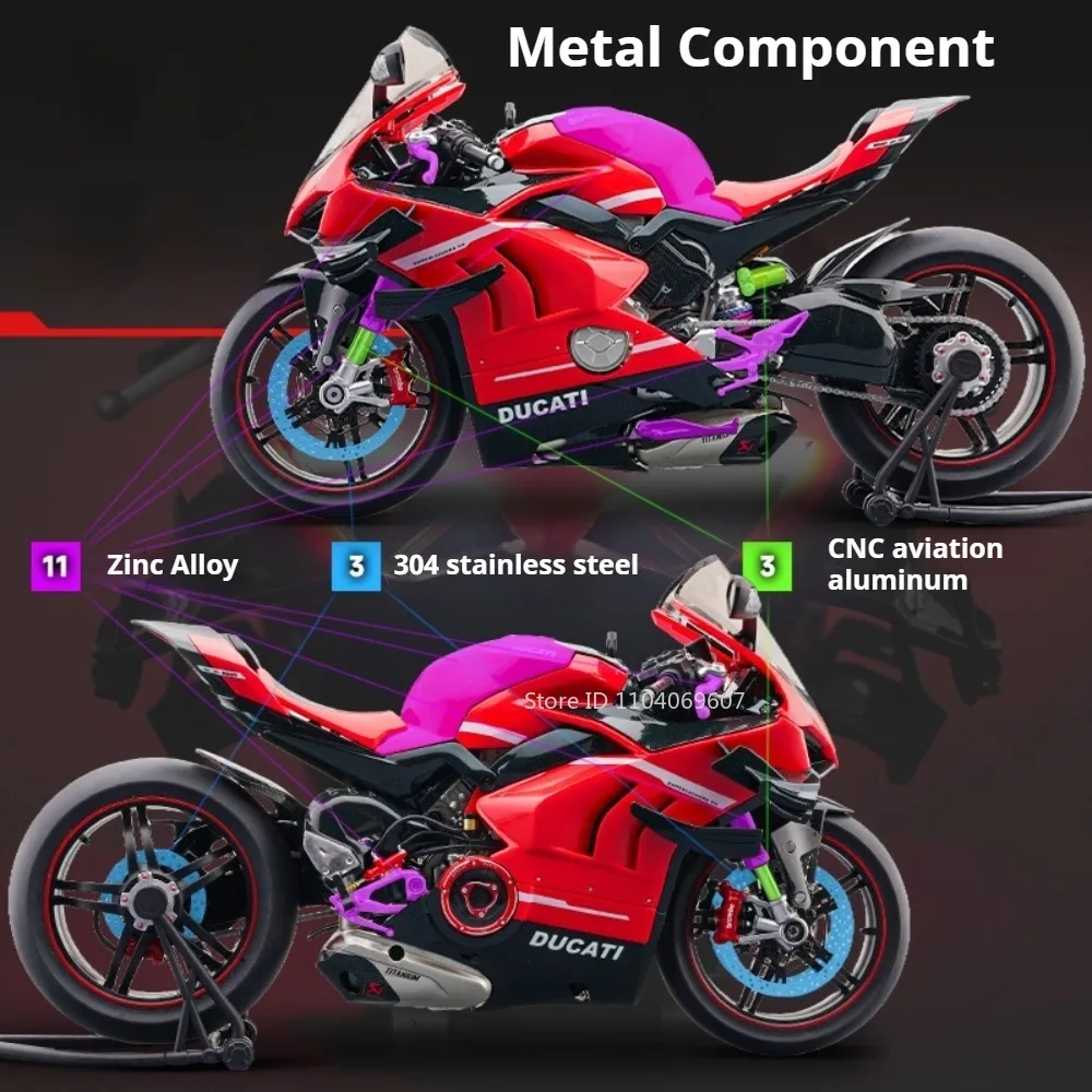 Modellino di Moto in Scala 1:7 V4 V4R V4S, Giocattolo in Metallo Pressofuso con Ammortizzatori, Treppiede Retrattile, Modelli di Biciclette a Motore, Ornamento da Scrivania