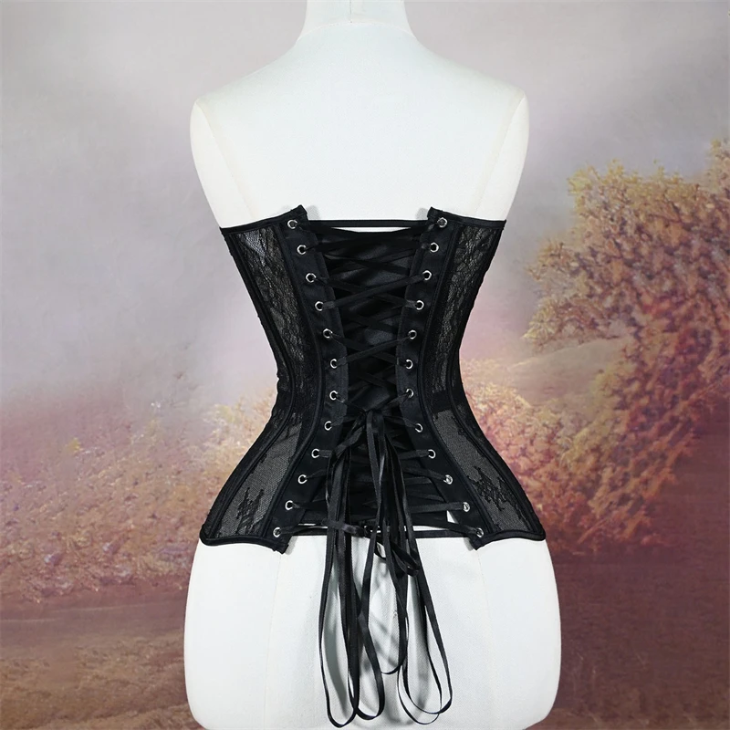 Women Transparent Mesh Overbust Corset Cup Push Up Sexy Floral Lace Boned Bodice Top Strapless Lace Up Lingerie Bustiers
