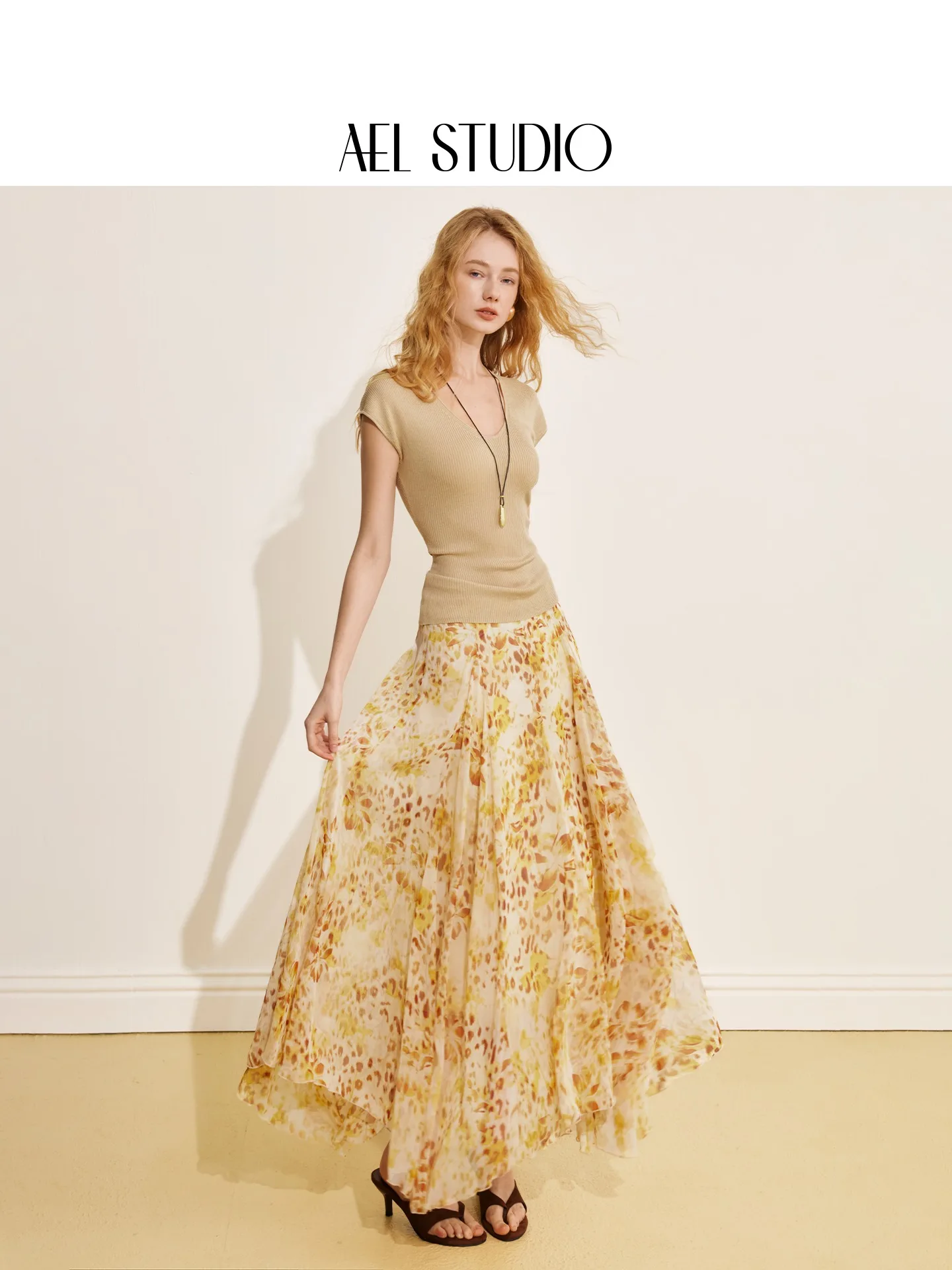AEL Original Französischer Retro-Gelber Blumenrock für Damen, Neuer Sommer 2026 Asymmetrischer Rock, A-Linien-Maxikleid – Detail 4