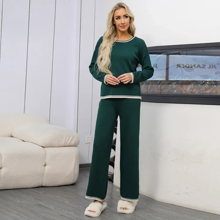 Women Two Piece Pant Sets Wide Leg Pants Knit Full Sleeve Sweaters Round Neck Spliced Solid Casual Long Trousers Autumn