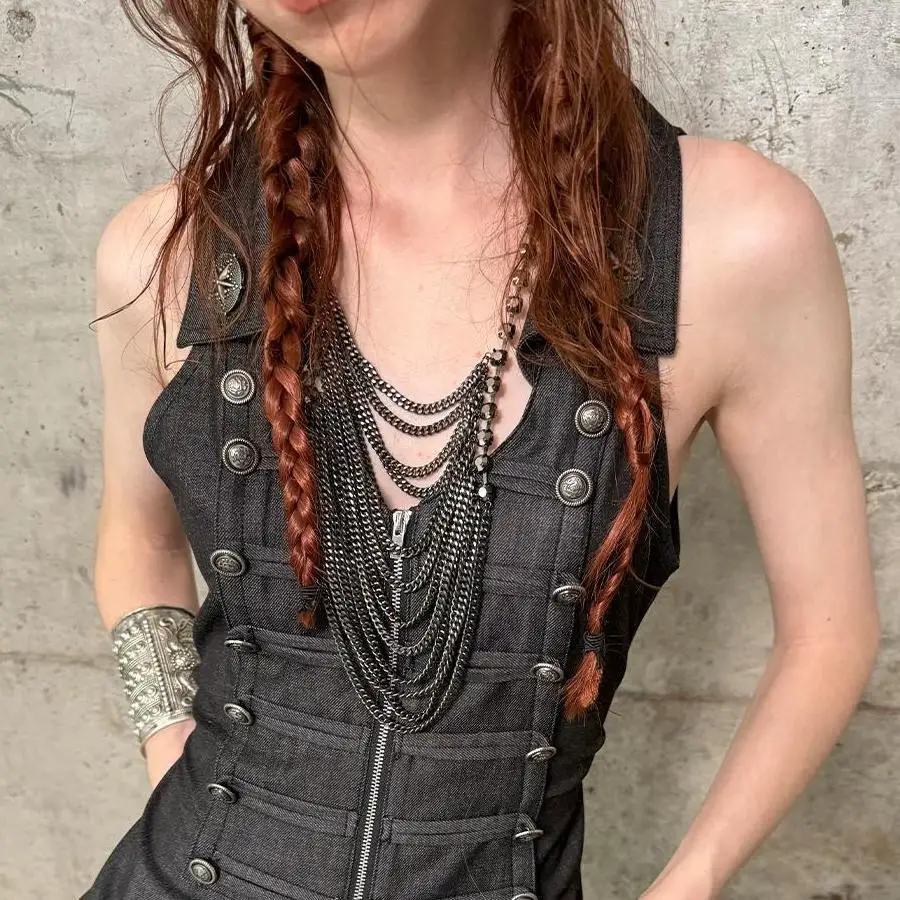Y2K Faux Denim Vest for Women V-neck Double-breasted Metal Buttons Gothic Style Zipper Front Slim Fit Cropped Sleeveless Top