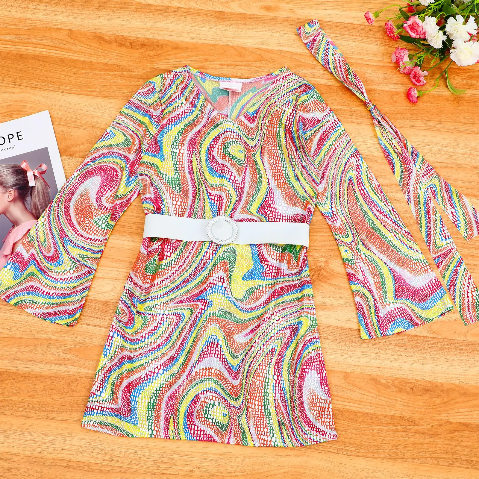 1 Set Long Sleeve Vintage Dress Disco Dress Little Girl Retro Dress Retro Disco Costume Rave Outfits with Headband 2025 New