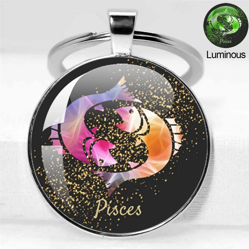 12 Constellation Pattern Pendant Constellation Sign Handmade Glass Cabochon Key Holder Keychain Birthday Jewelry Gift
