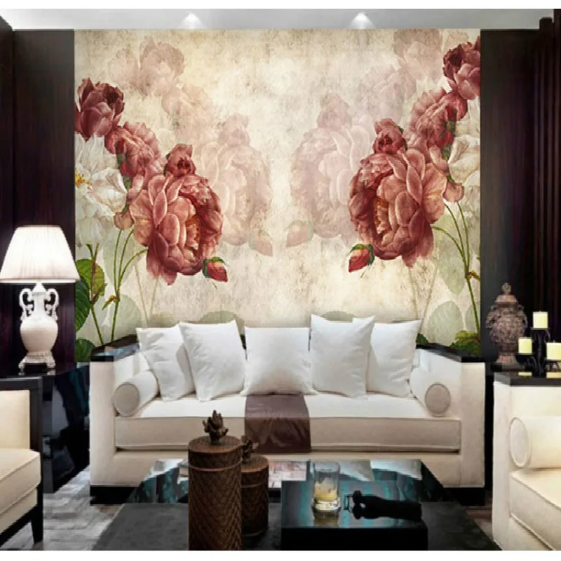 

Retro style 3d nostalgic rose TV living room sofa background wallpaper bedroom decoration mural wallpaper