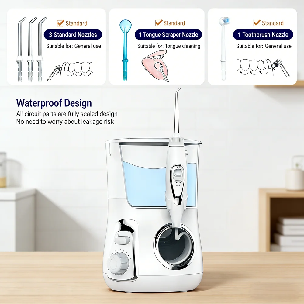 

Электрический ирригатор для полости рта, 10 режимов, 800 мл, настольный, большой емкости, с 5 насадками, идеально подходит для домашнего ухода за полостью рта