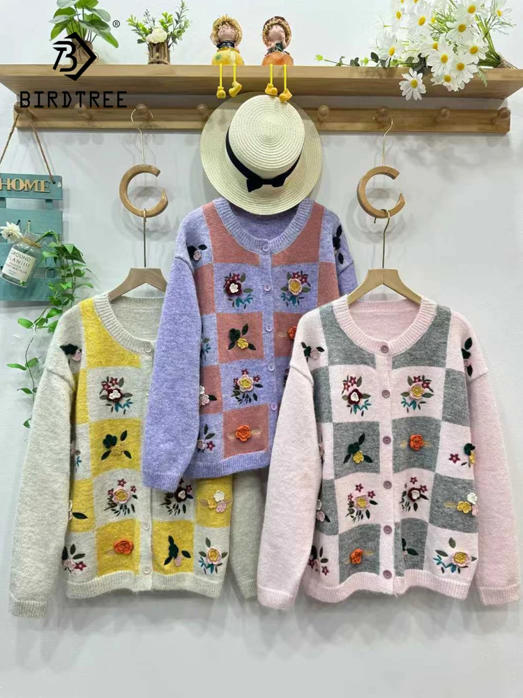 

New 2025 Winter Cotton Blending Sweater, Women O Neck Embroidery Patchwork, Mori Girl Age Reduction Loose Knit Cardigan C5D354CC