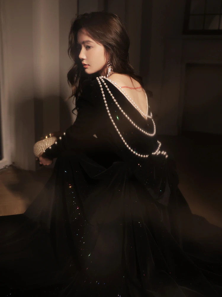 

Ele Bla Velvet Long Sve Evening Gown Women's High-End Luxury Winter Annual Conference Dr Floor-Length Gown