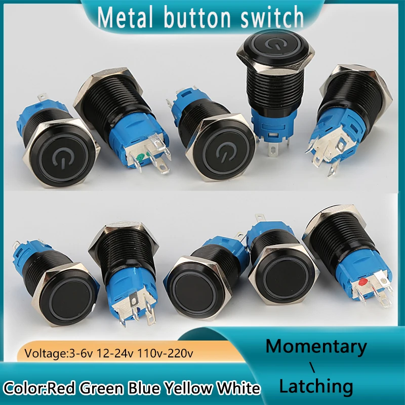 16mm 19mm 22mm Metal Push Button Switch Flat Head 1NO1NC Start Stop LED Light Red Orange Blue Green White 3v 12v 24v 110v