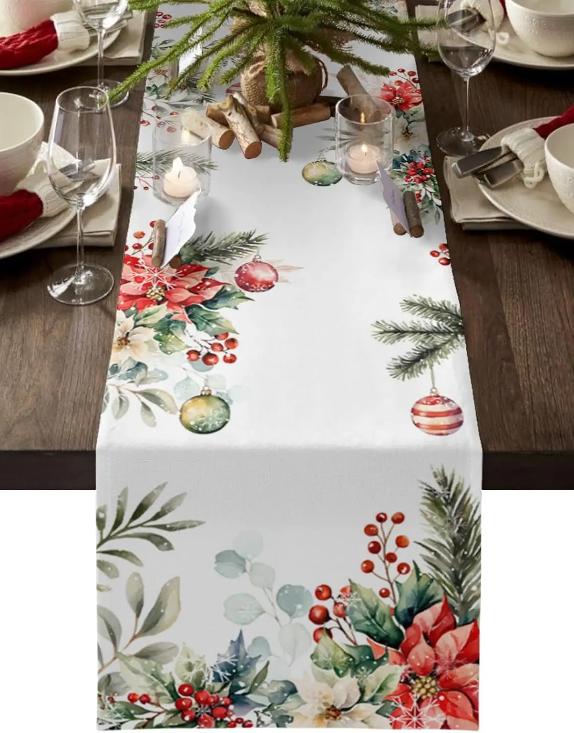 Christmas Poinsettia Pine Eucalyptus Leaf Linen Table Runner Dresser Scarf Winter Xmas Party Table Decor Navidad Decoration 2025