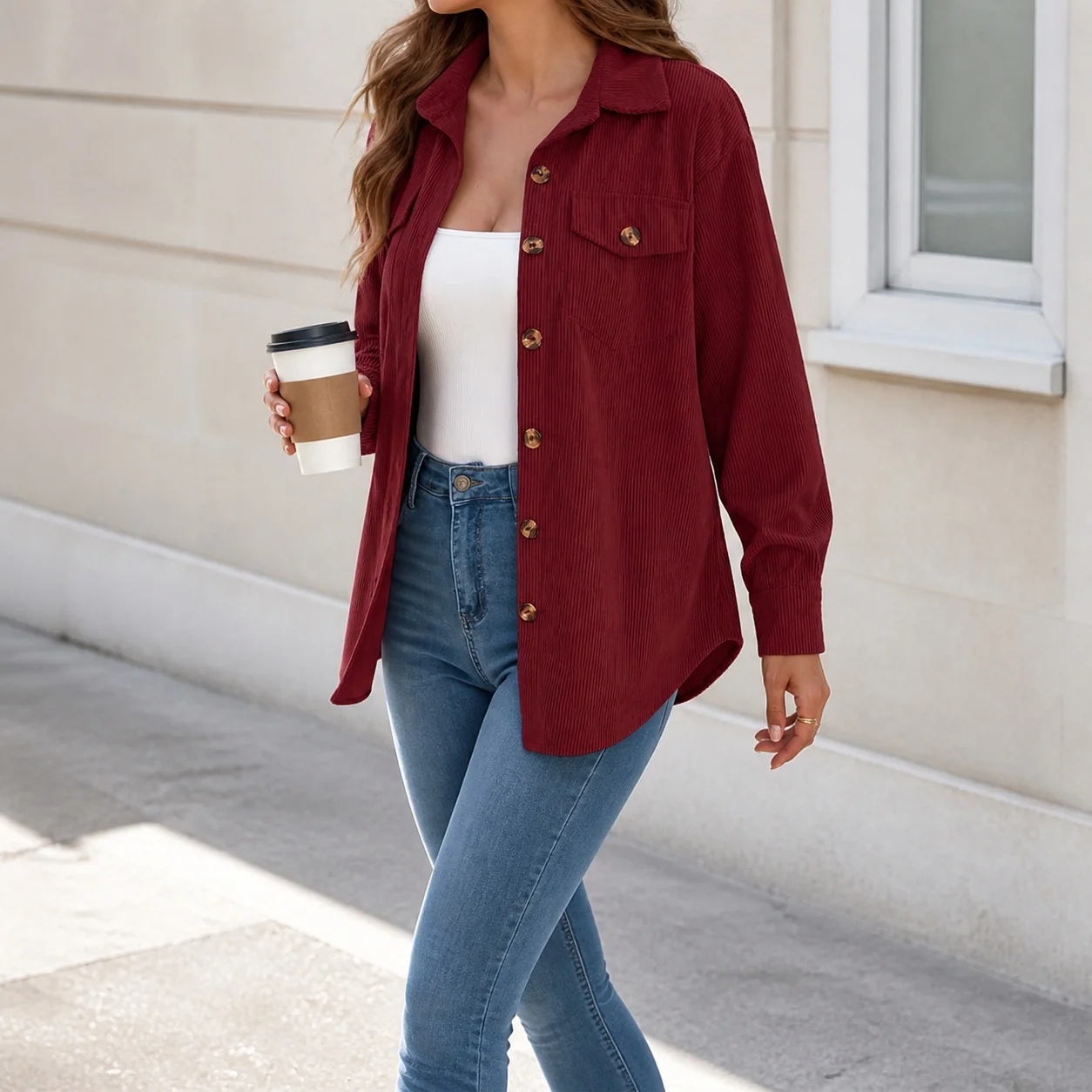 Single Long Sleeve Mid Length Coat with Pocket Shirt Sleeve Single Breasted Multi Button Japanese Korean Casual Women Jacket