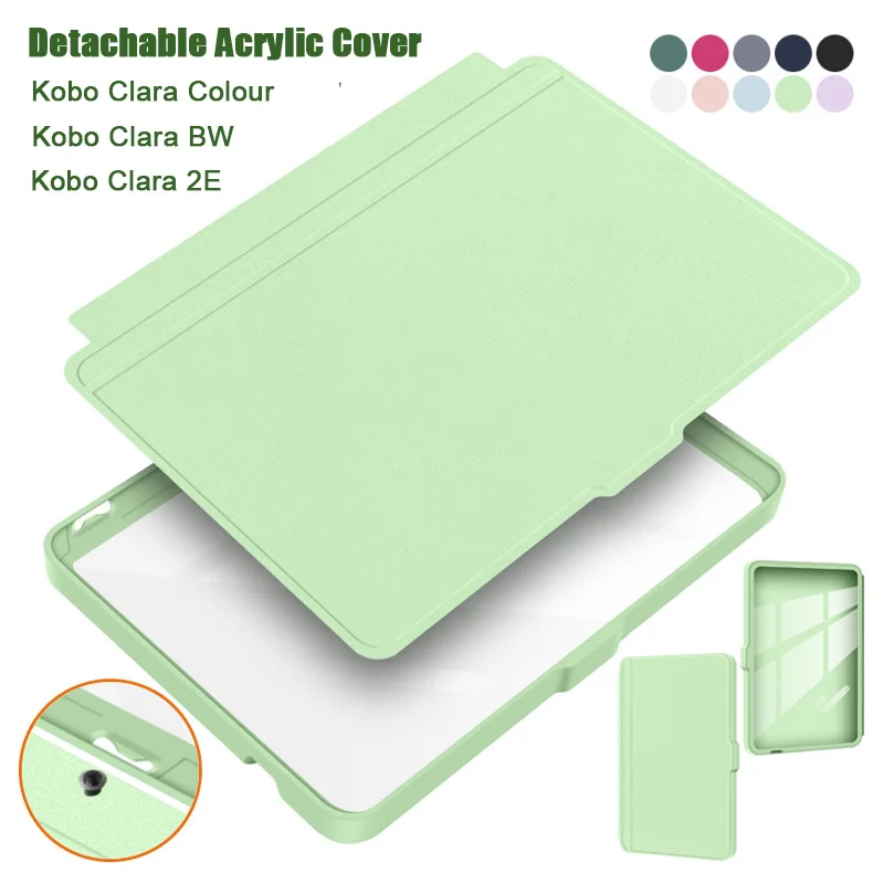 Detachable Acrylic Clear Back Case For 2024 Kobo Clara Colour Color BW 2E N365 N367 N506 6'' Case PU Leather Smart Sleep Cover