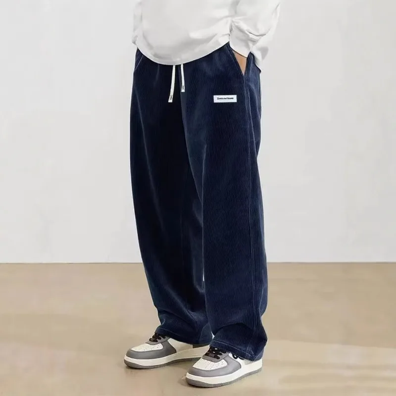 KIDWHXR Spring Autumn Man Pant High Street Elastic Waist Drawstring Male Sweatpant Simple Comfortable Men Srtaight-leg Pant