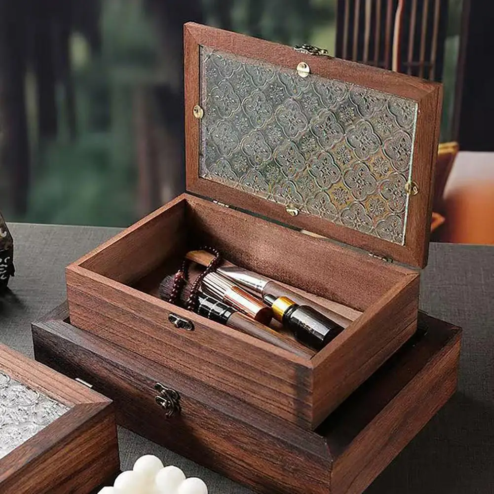 Walnut Wood Jewelry Box Vintage Wooden Jewelry Storage Box with Glass Lid Dustproof Retro Organizer Case Decorative -top Small