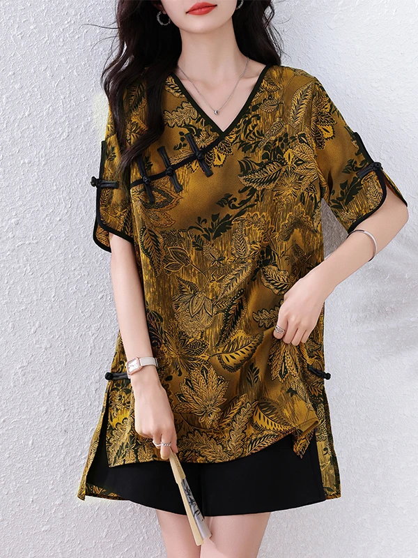 Cseta Fena de Manga Curta com Decote em V e Design de Botão, Csa Casual com Botões Assimétricos, Ajuste Solto, C...