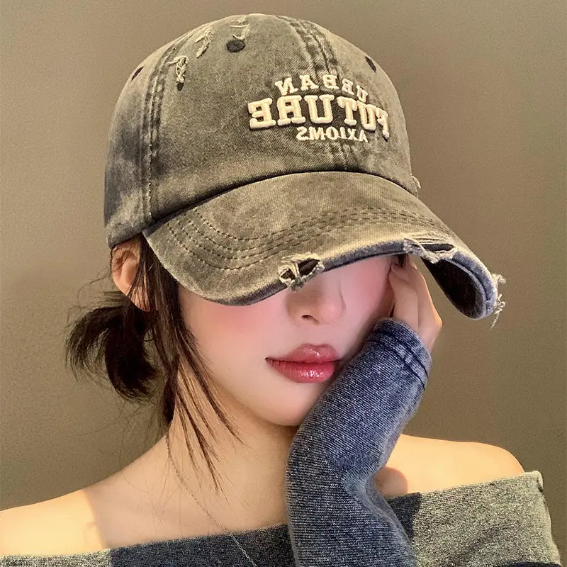 

American Retro Distressed Wide Brim Cowboy Duckbill Cap Worn Washed Style Distressed Baseball Cap for Big Head Circumference