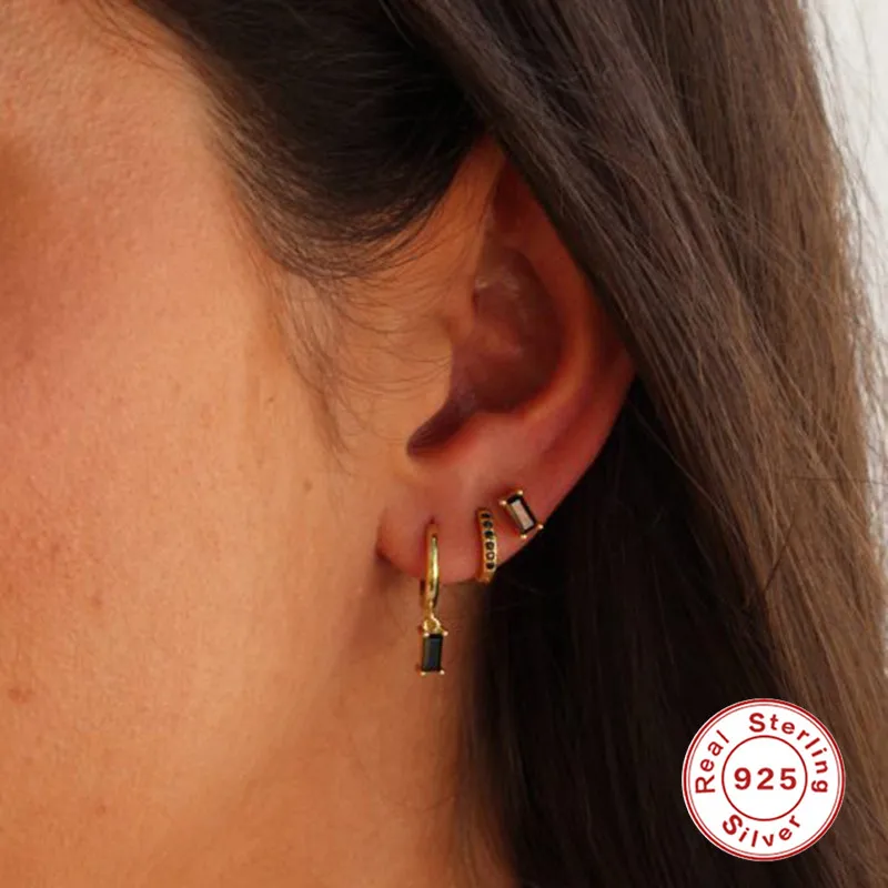 LENNIK-pendientes de aro de Plata de Ley 925 para mujer, aretes colgantes de circonita negra, Piercing chapado en oro de 18K, conjunto de joyería de