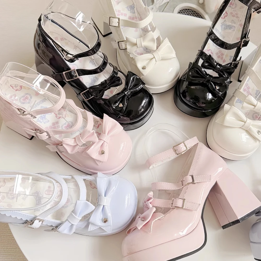 

Lolita Heels Shoes for Women Pink Kawaii Bow Straps Japanese Platform Shoes Chunky Mary Janes High Heels Pumps