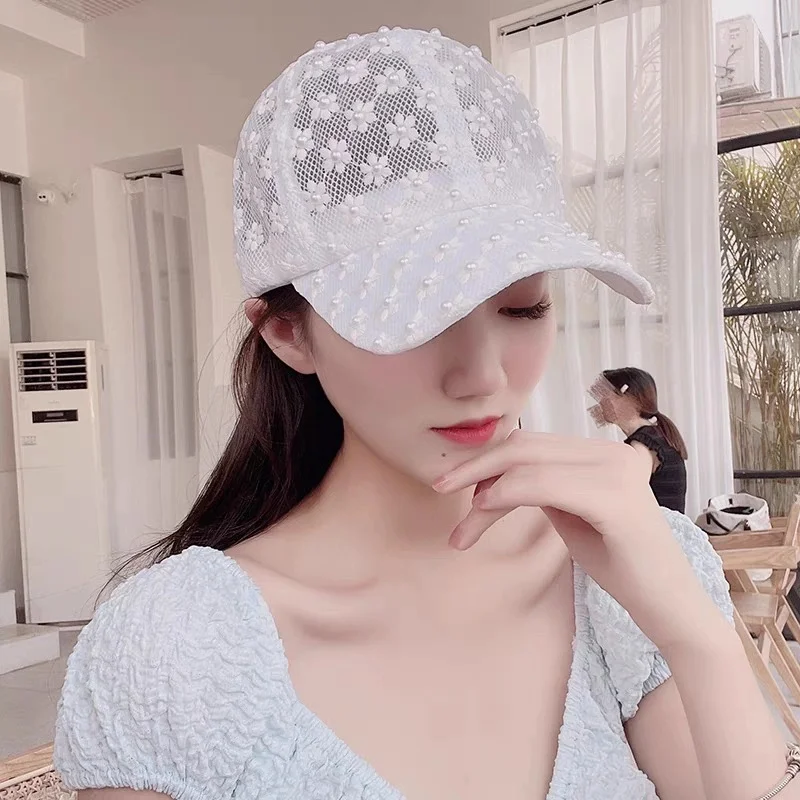 Pink Lace Baseball Cap for Women: Lightweight, Breathable, Versatile, Fashionable, Pearl-Adorned Sun Protection Cap