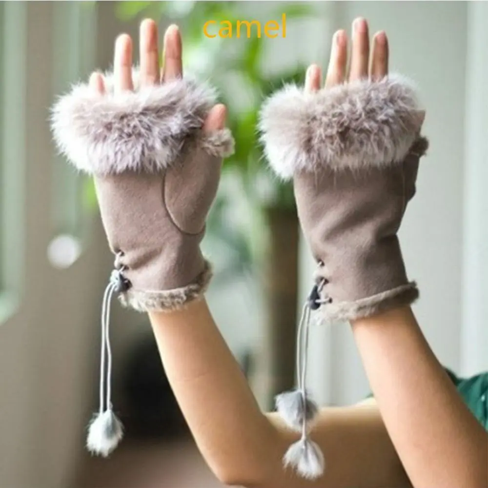 

Solid Mitten Lady Warm Trim Fashion Genuine Wrist Soft Rabbit Fur Fingerless Gloves Women