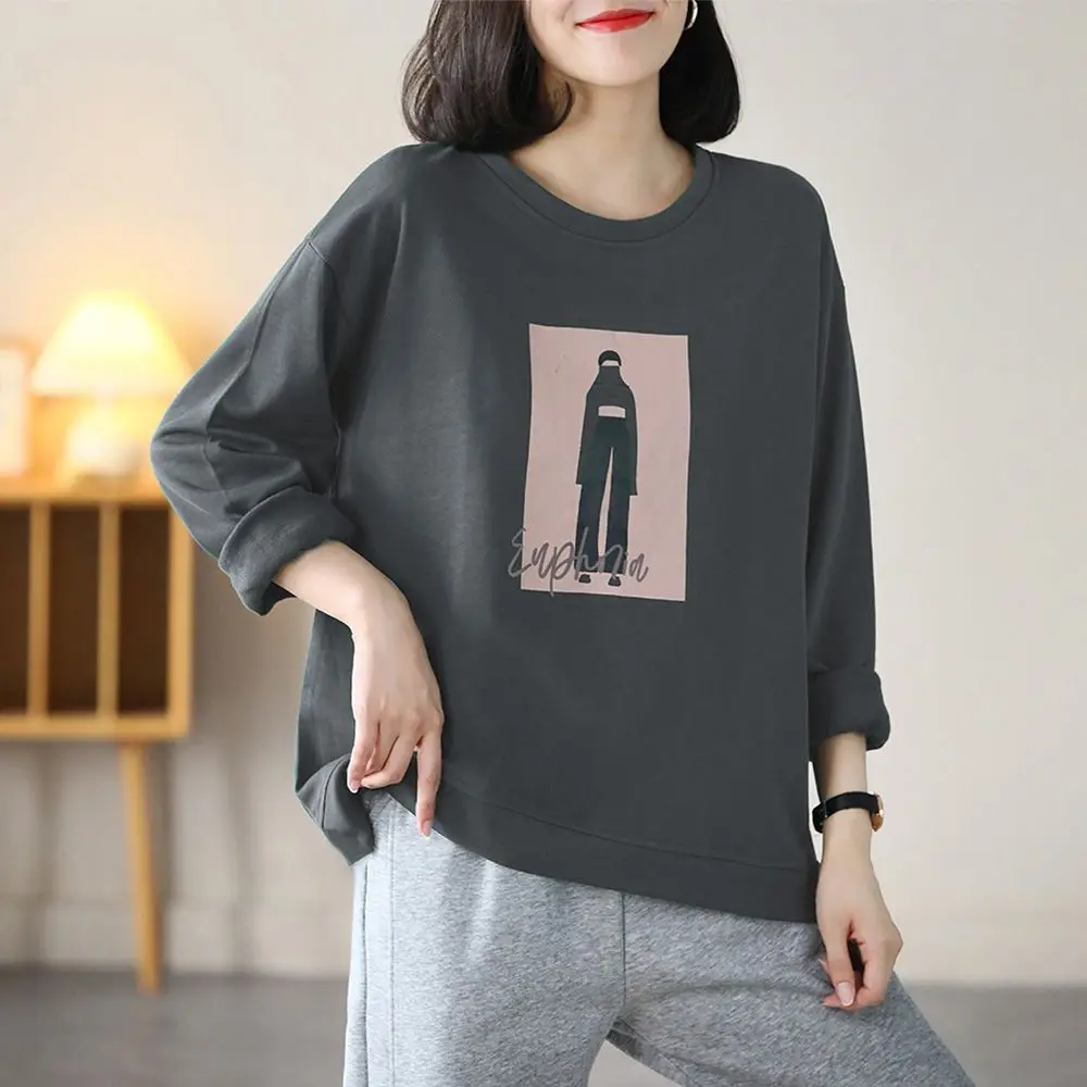 2024 Early Autumn Plus Size Long Sleeved Sweatshirt in Green Orange Loose and Casual Slimming with Printed Base for Women\'s Top