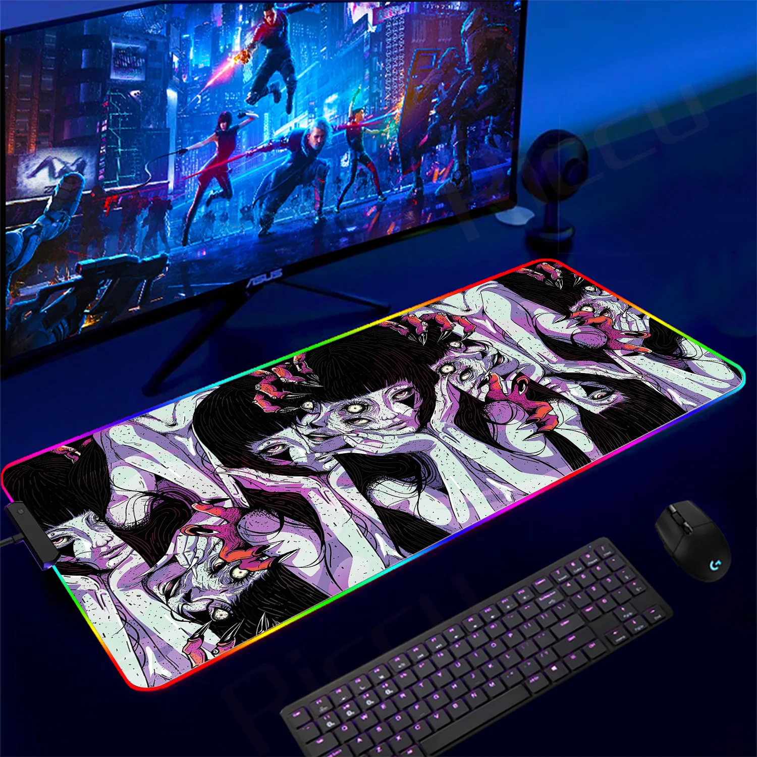 

J-Junji Ito Mouse Pad RGB Cartoon Gaming Pad Computer Gamer Keyboard Mouse Mat Lockedge Desk Mousepad for Large PC Desk Pad