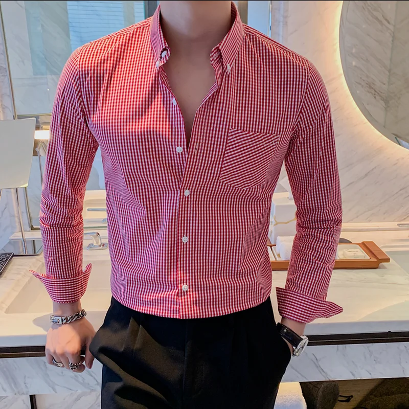 

Mens Plaid Shirt 2022 New High Quality British Style Long Sleeve Business Fashion Casual Pure Color Slim Mens Clothing Top Shirt