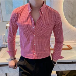 Mens Plaid Shirt 2022 New High Quality British Style Long Sleeve Business Fashion Casual Pure Color Slim Mens Clothing Top Shirt