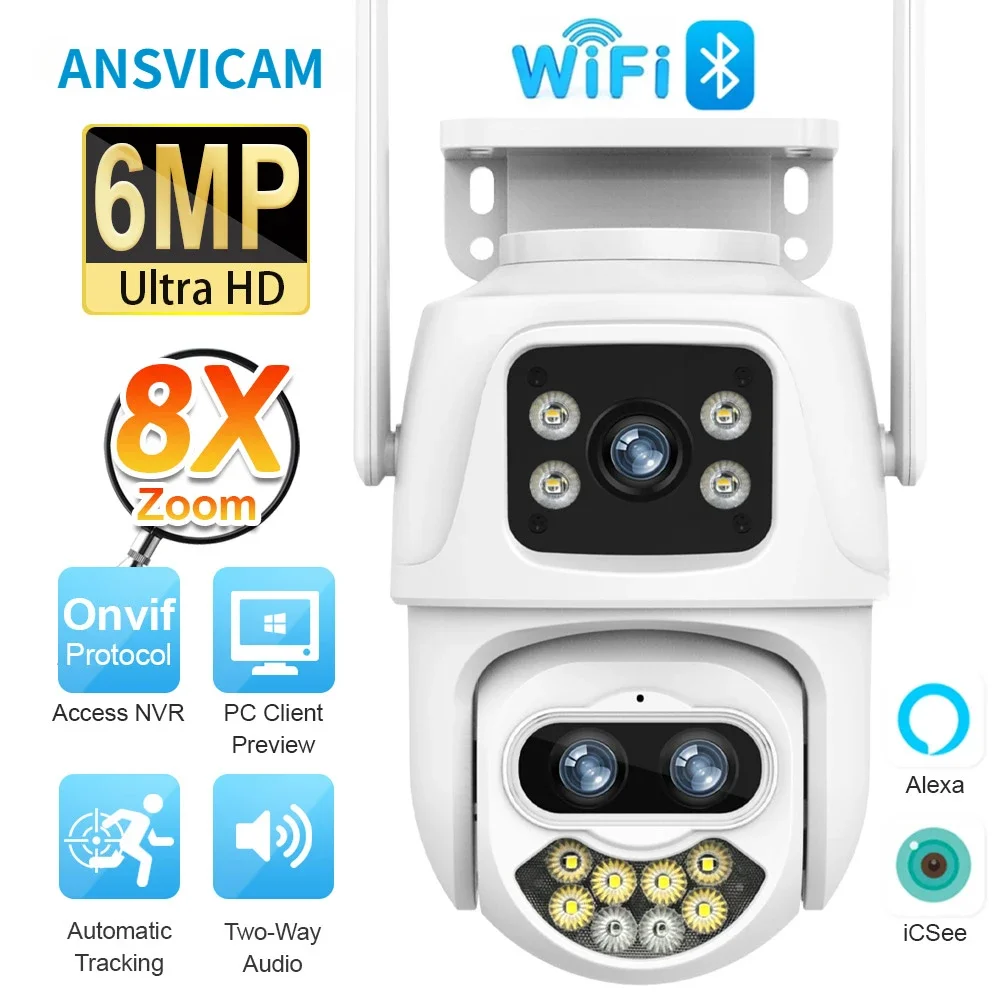 

ANSVICAM 9MP 4K Dual Screen WiFi IP Camera Outdoor 8X Zoom Three Lens Two-way Audio Ai Auto Tracking P2P CCTV Cameras iCSee App