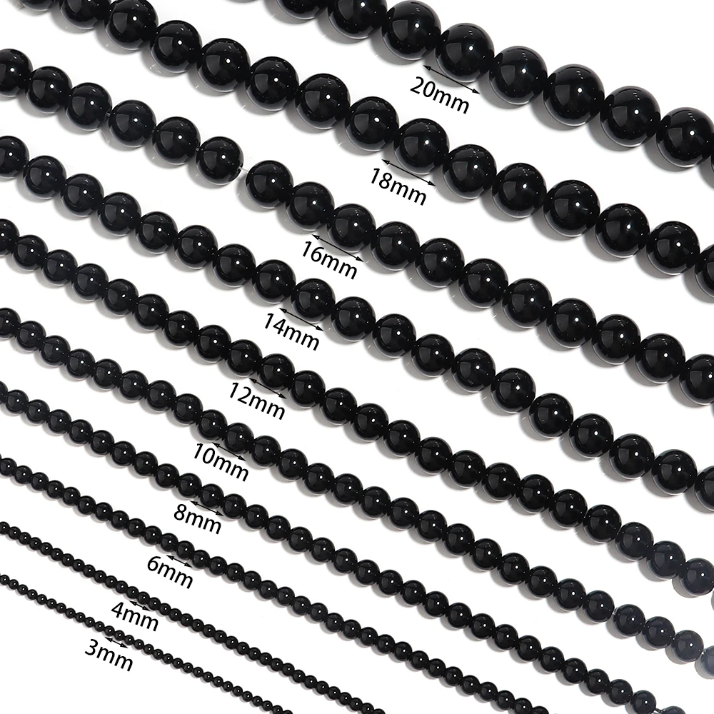 1strand/lot 2-20 mm Natural Stone Smooth Glisten Black Glass Bead Loose Spacer Bracelet Beads Supplier For Jewelry Making