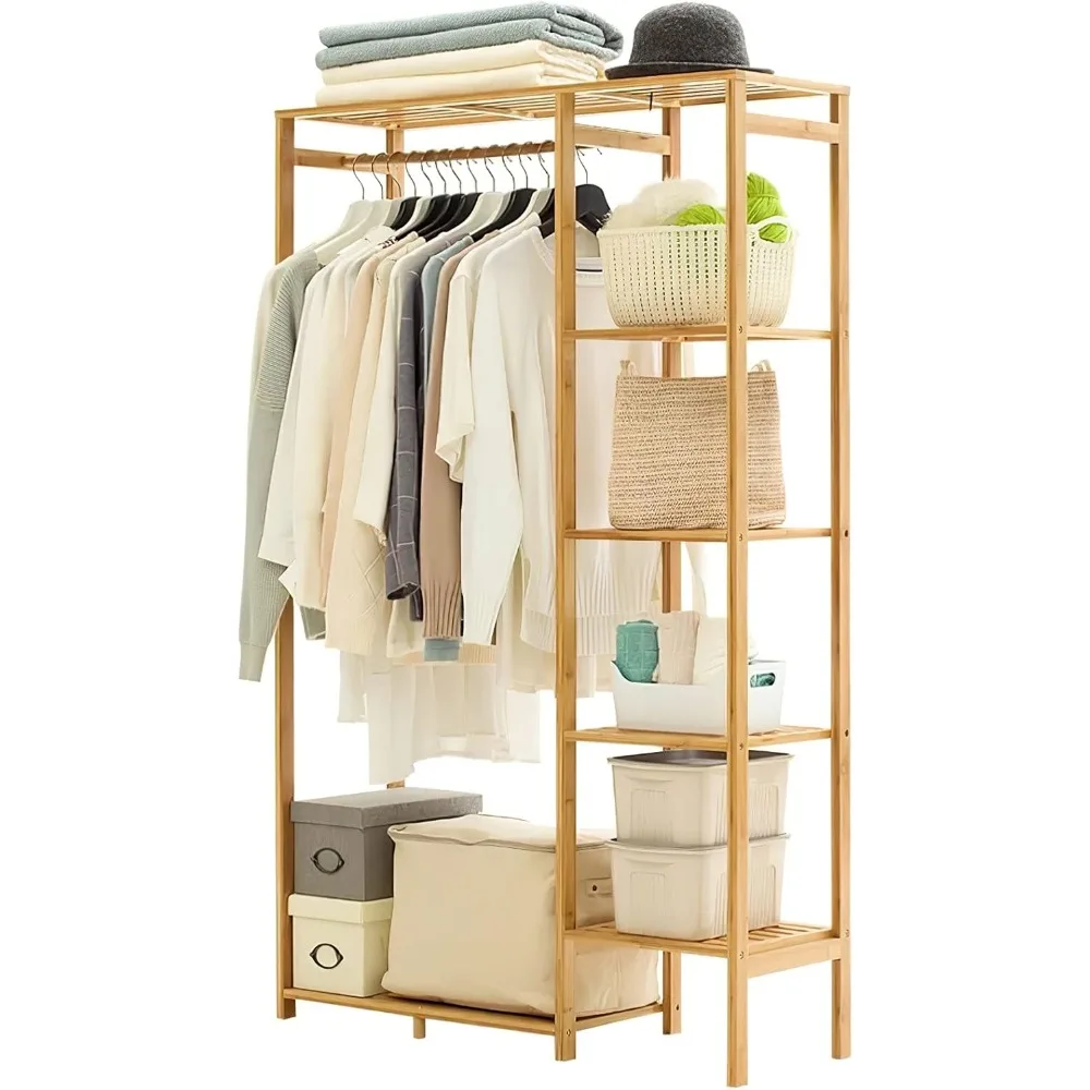 

Bamboo Clothing Rack with 6 Tier Storage Shelf Multifunctional Garment Organizer Wardrobe Closet for Guest Room Kids Baby Bedroo