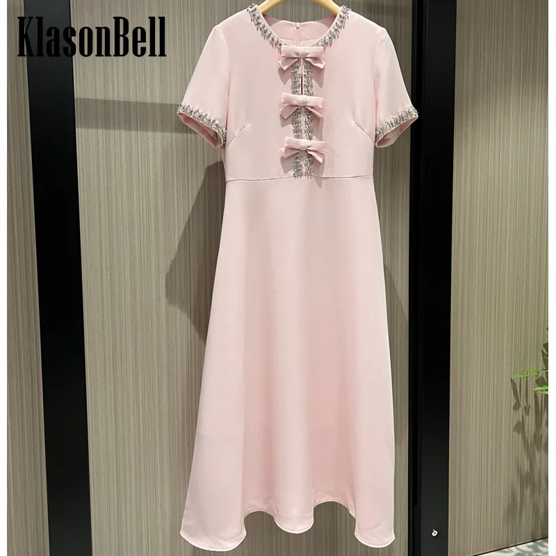 

7.22 KlasonBell Women Celebrity Same Diamonds Bow O-Neck Dress Temperament Hollow Out Design Slim Long Dress