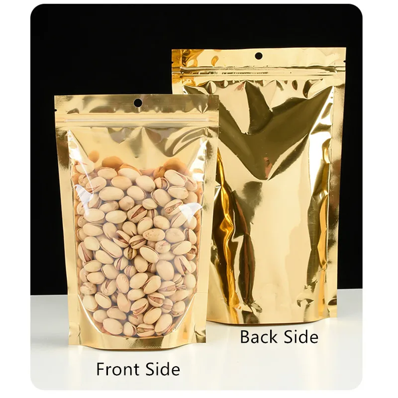 Gold Stand Up Bag - One Side Transparent Zipper Reusable Aluminized Foil Pouch, Self-standing Tea Nuts Snacks Storage Packaging