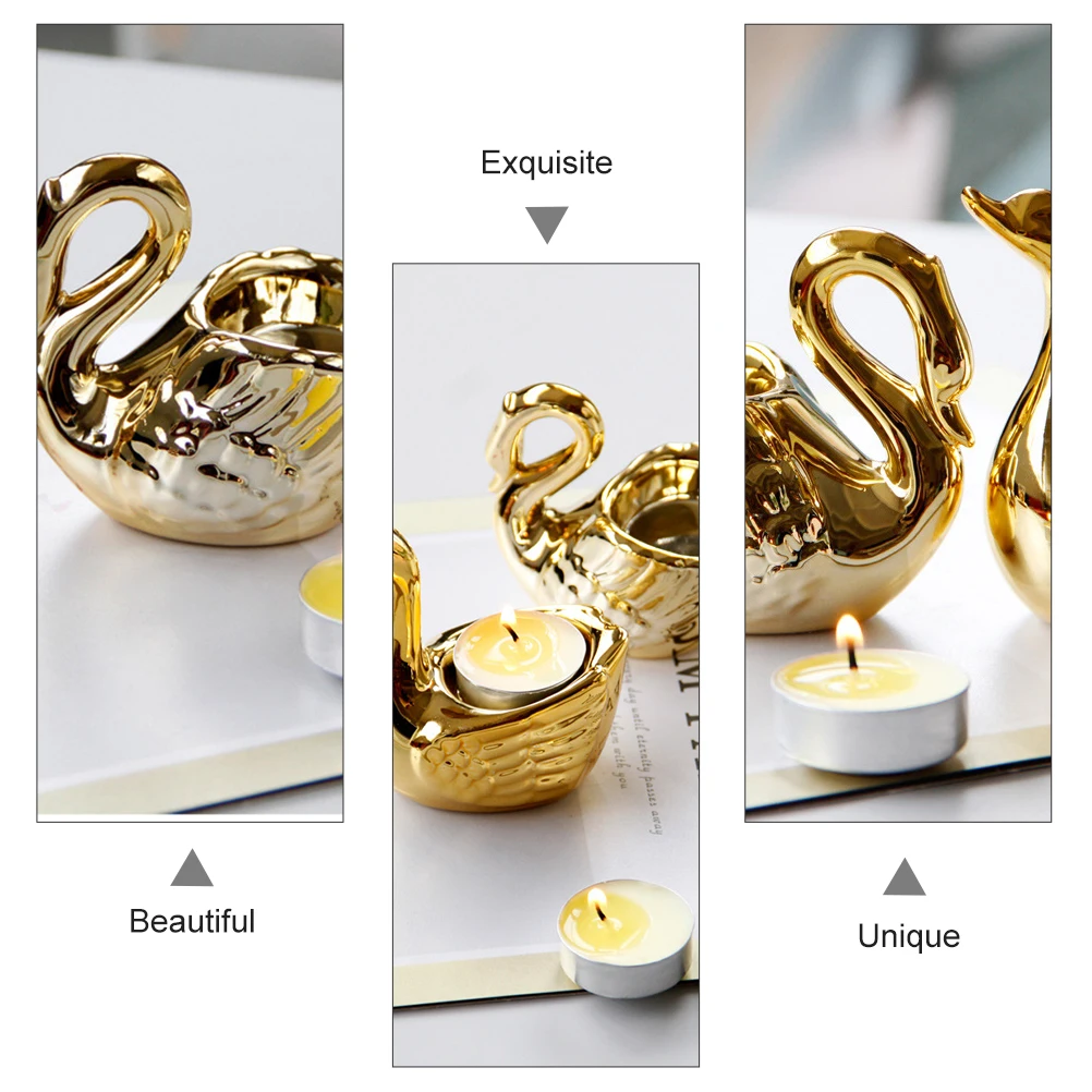 2 szt. Złote ceramiczne świeczniki w kształcie łabędzia, wykwintna i stylowa dekoracja na biurko, wielokrotnego użytku, idealne na prezent ślubny lub urodzinowy.