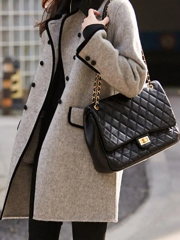 

Women's Fashionable Korean Style Woolen Coat Autumn Winter New Arrival Casual Small Collar Slimming Color Block Coat