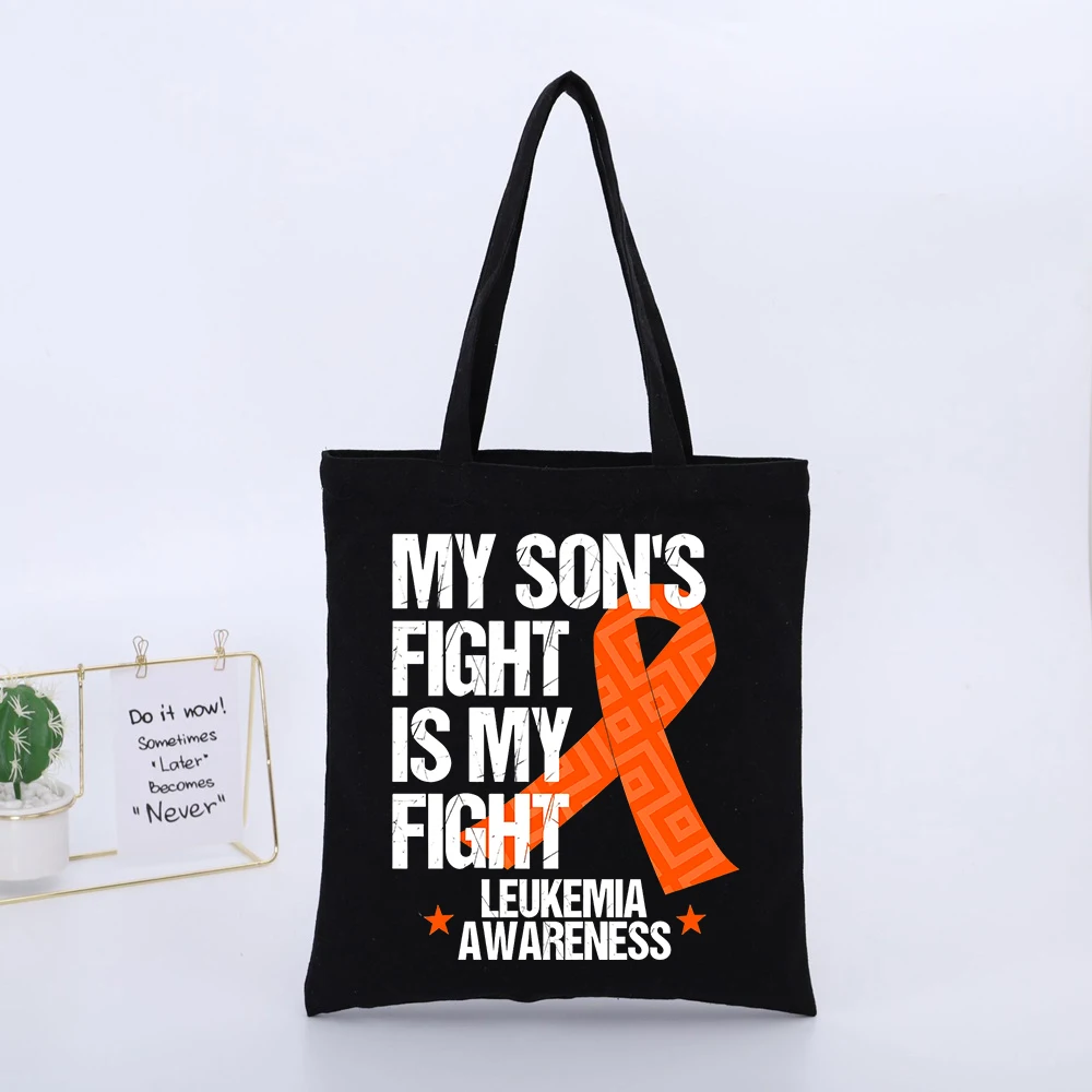 Mother's Leukemia Awareness Orange Ribbon Letter Print Black Canvas Tote Bag, Casual Daily Use