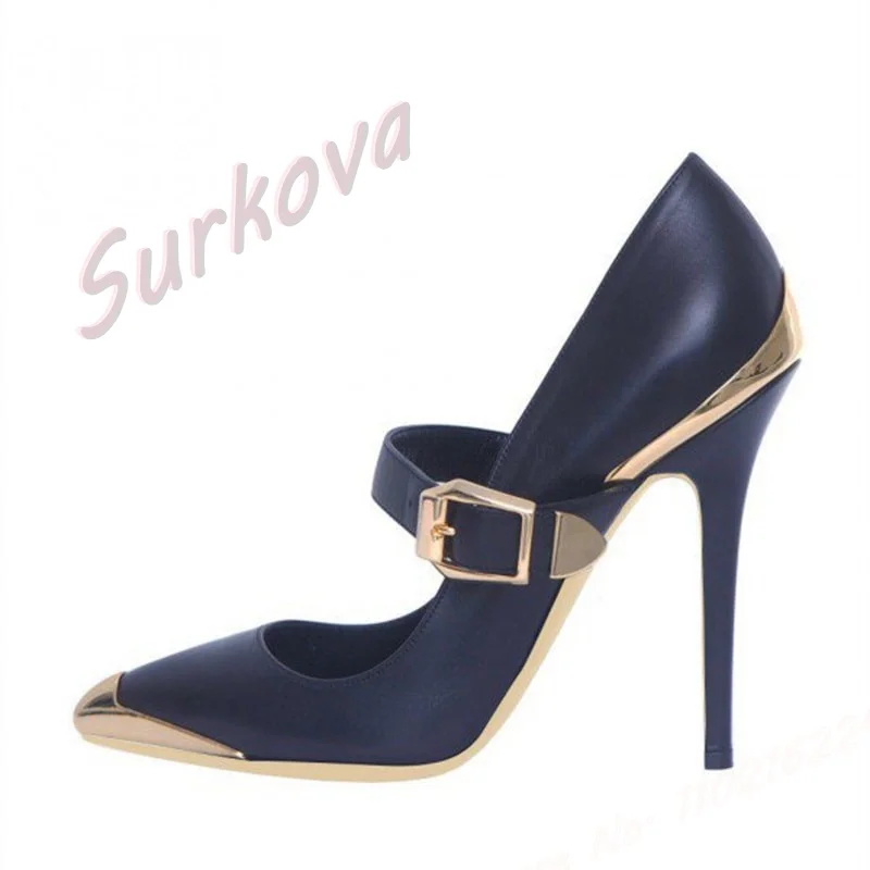 Autumn Blue Metal Toe Shallow Pumps Women'S Pointed Stilettos Elegant High Heels Fashion Party Elegant Dress Big Size Pumps 46