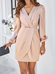 Sexy Elegant Evening Party Dresses Long Sleeved Elegant Solid Color V-Neck Dress New Fashion 2024 Casual Female Clothing Outfits