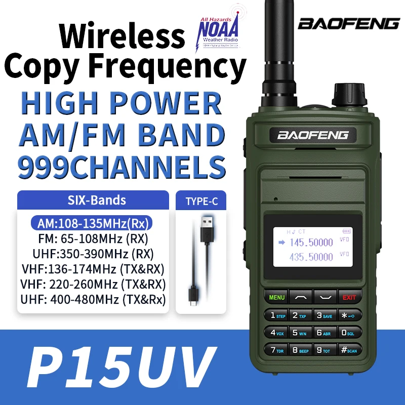 Baofeng P15UV Air Band Walkie Talkie Multi-Band AM FM Type-C Charger Wirless Copy Frequency 999 CH Long Range Two Way Ham Radio