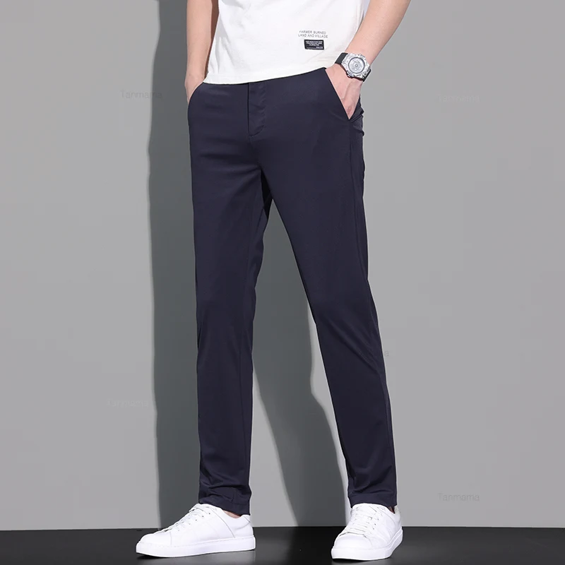 남성용 얇은 캐주얼 바지, 고탄성 드레이프, 아이스 실크, 부드러운 비즈니스 스트레이트, 단색 세트 바지, 블랙 그레이, 여름