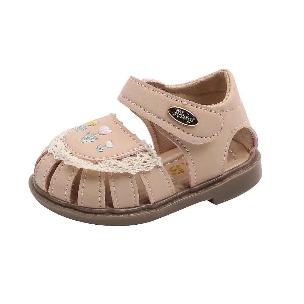 Small Flowers Baby Toddler Girl Sandals 2024 Summer Kids Beach Shoes Little Girls Close-toed Sandals Beige, Pink