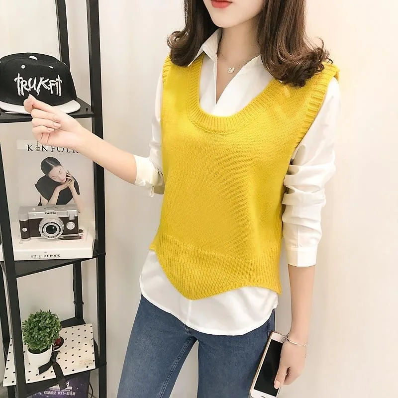 Irregular High Low Sweater Vest For Women Korean Style Fashion Sleeveless Knit Cover-Up Yellow Black Green Short Top