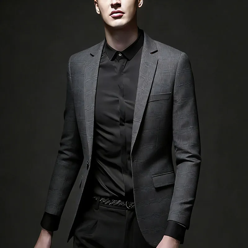 

Casual One-Button Plaid Suit for Young Men Sli Slim Fit Leisure Polyester Fiber Warmth Providing All-Season Faionable J...