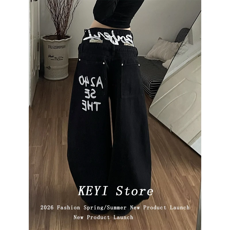 

Ретро-джинсы в американском стиле с двойной талией, черные, женские, весенние, свободные, широкие брюки в пол