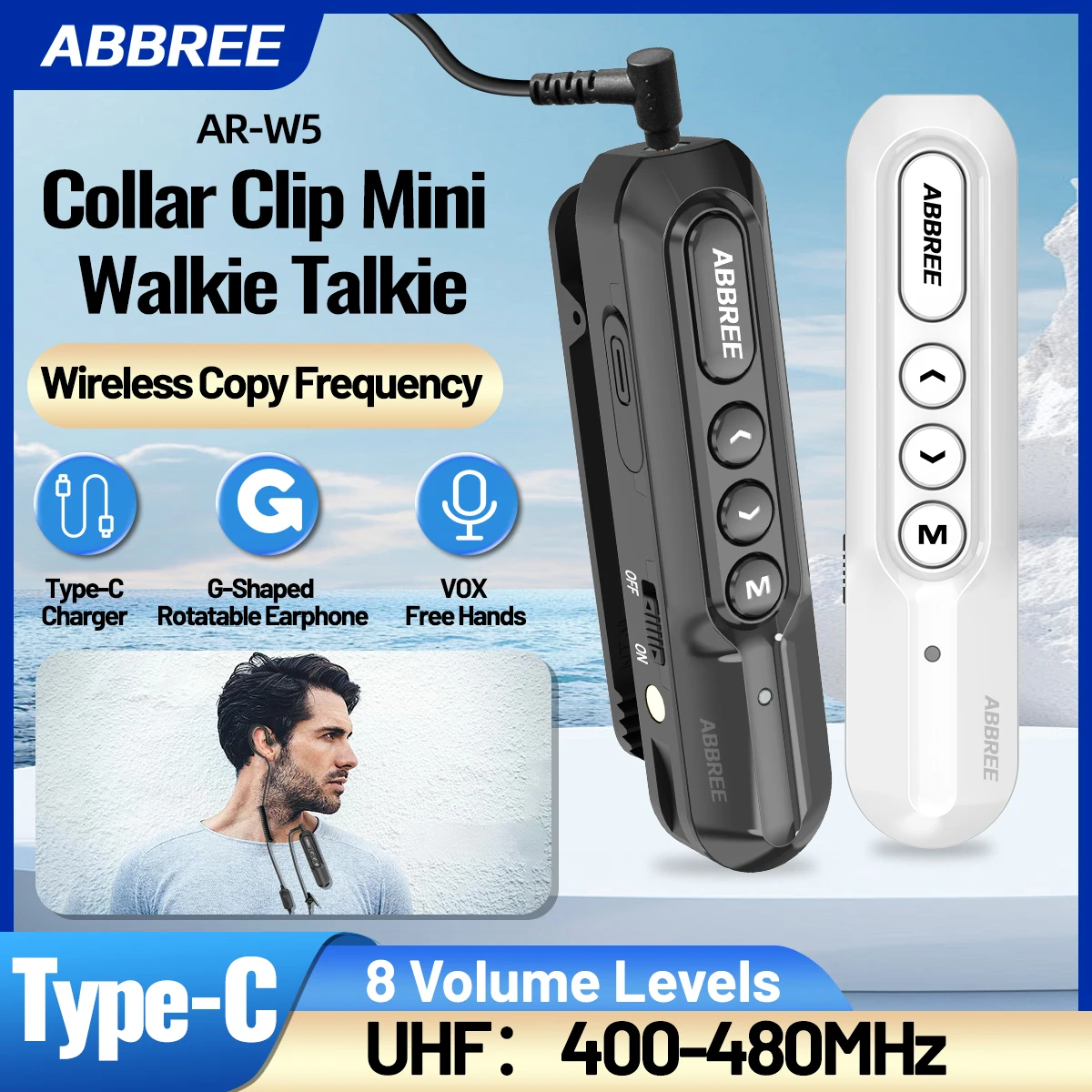 ABBREE AR-W5 collier Clip Mini talkie-walkie sans fil copie fréquence 8 réglage du Volume 20CH type-c Chager UHF Radio mains libres