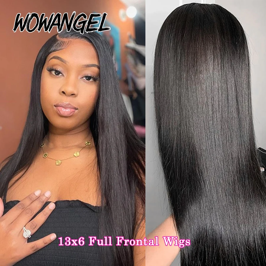 Wow Angel-Yaki peruca de cabelo humano reta para mulheres, perucas frontais completas, cabelo brasileiro, pré arrancado, frente de renda HD, 13x6, 13x4, 250%