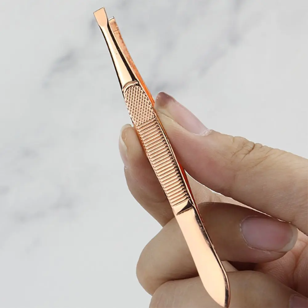 Stainless Steel Eyebrow Trimming Tweezers Slant Tip Flat Tip Eye Brow Clips Plucking Mesh Stripe Handle Eyelash Curler Girl